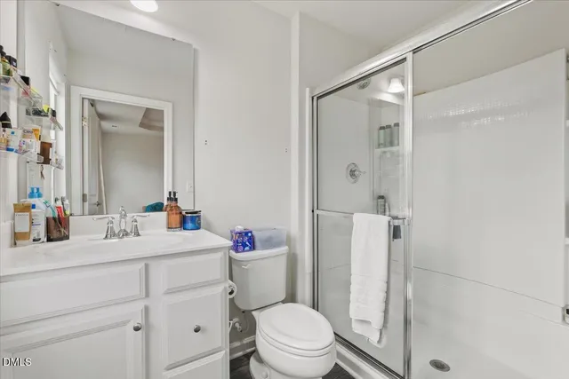 a bathroom with a sink toilet vanity and shower