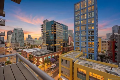 a city view with tall buildings