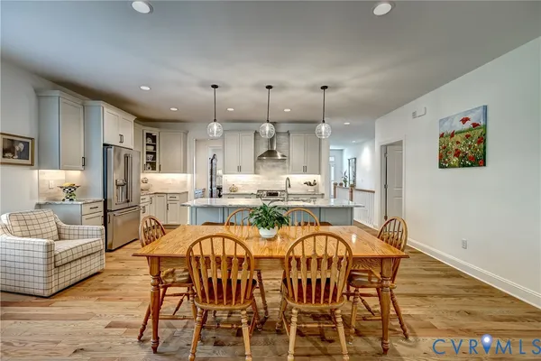 a view of a dining room with furniture