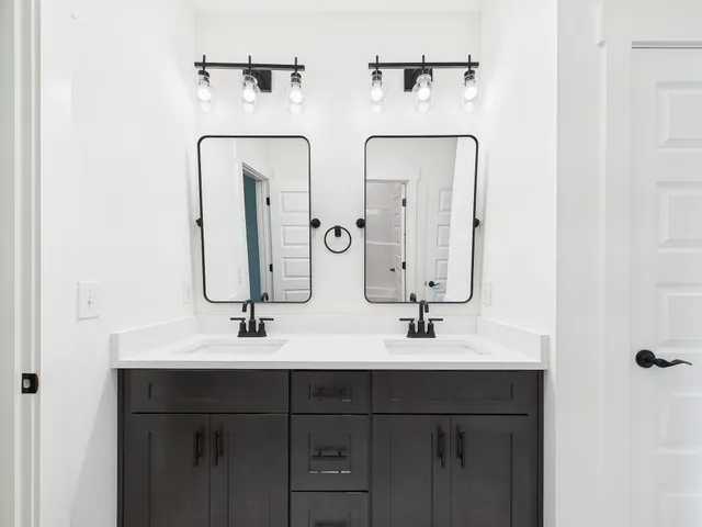 a bathroom with a double vanity sink a mirror and shower