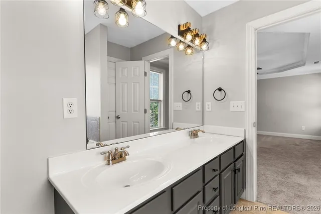a bathroom with a sink double vanity and a mirror