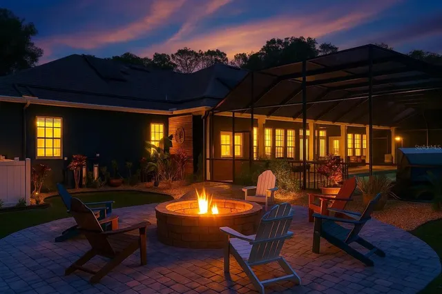 a view of a swimming pool with an outdoor seating