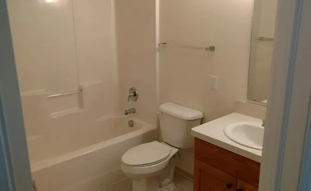 a white toilet sitting next to a bath tub