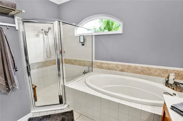 a bathroom with a bathtub and a shower