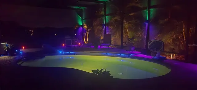 a garden view with a seating space