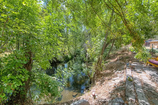 a backyard of a house with lots of plants