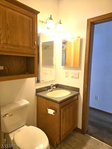 a bathroom with a granite countertop toilet sink and mirror