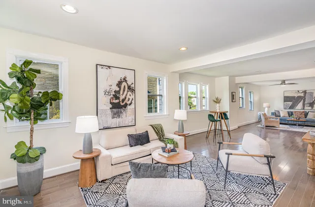 a living room with furniture potted plant and window