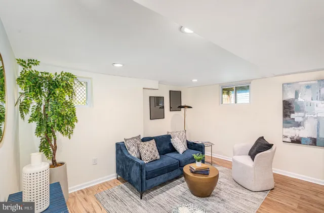 a living room with furniture and a potted plant