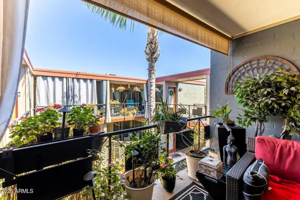 a view of balcony with chairs and potted plants