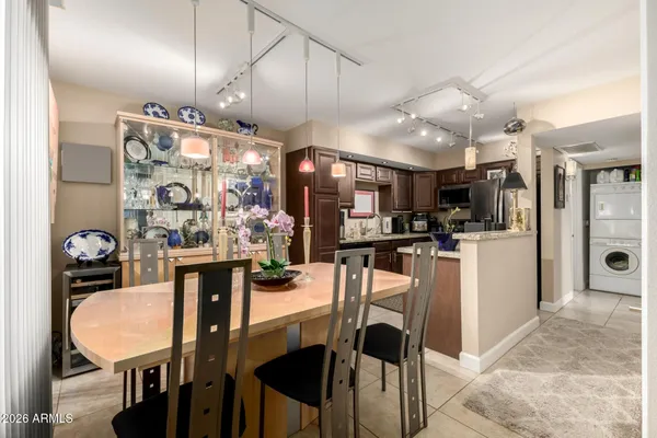 a view of a dining room with furniture