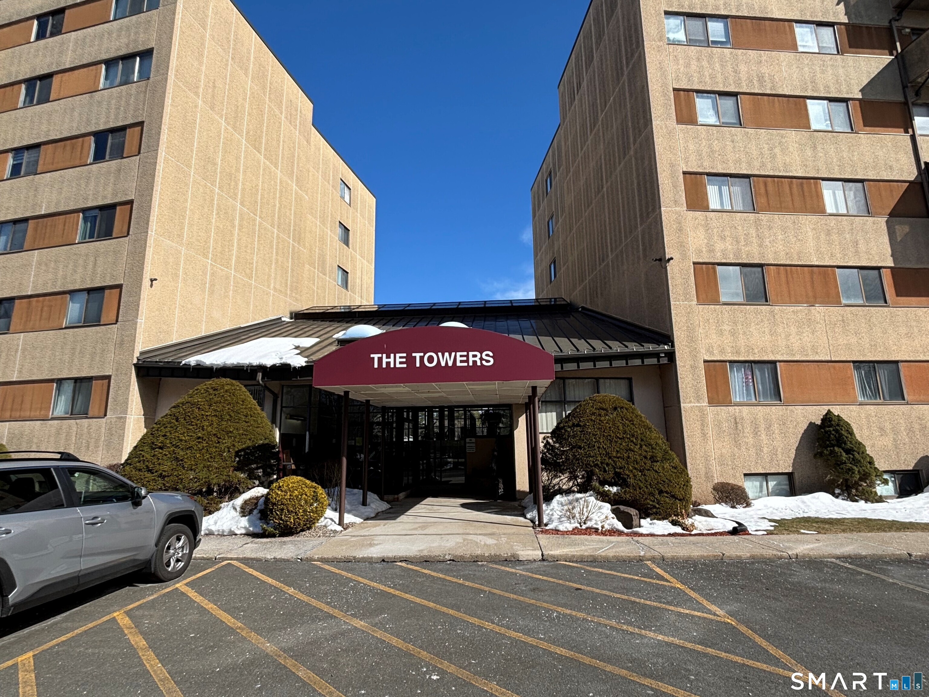 a view of a building with a street