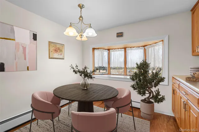 a view of a dining room with furniture window and wooden floor