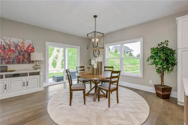 a dining room with furniture potted plants and wooden floor