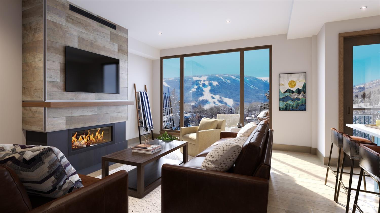 a living room with furniture fireplace and flat screen tv
