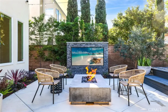 a view of a patio with swimming pool