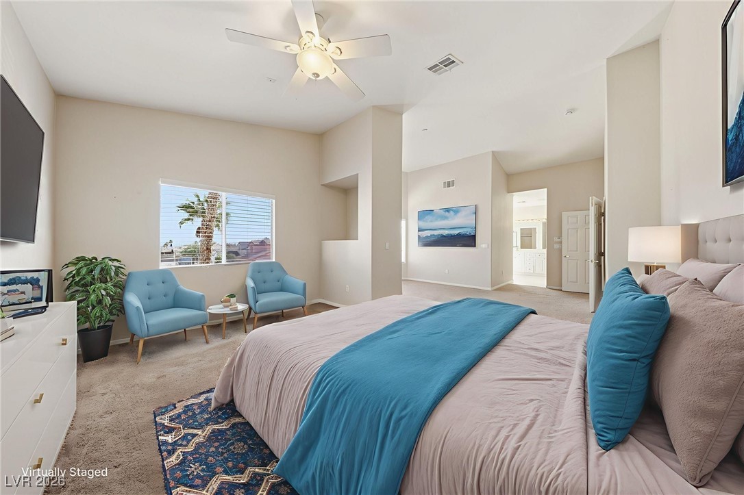 3766 Port Ritchey Street Las Vegas, NV 89147 - Photo 26 of 50 Bedroom featuring carpet flooring, a ceiling fan, and connected bathroom
