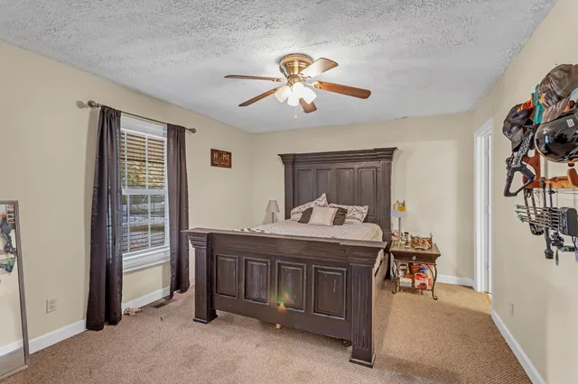 a view of a livingroom with furniture and a ceiling fan