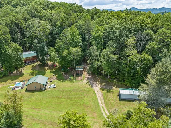 a backyard of a house with large trees and barbeque oven