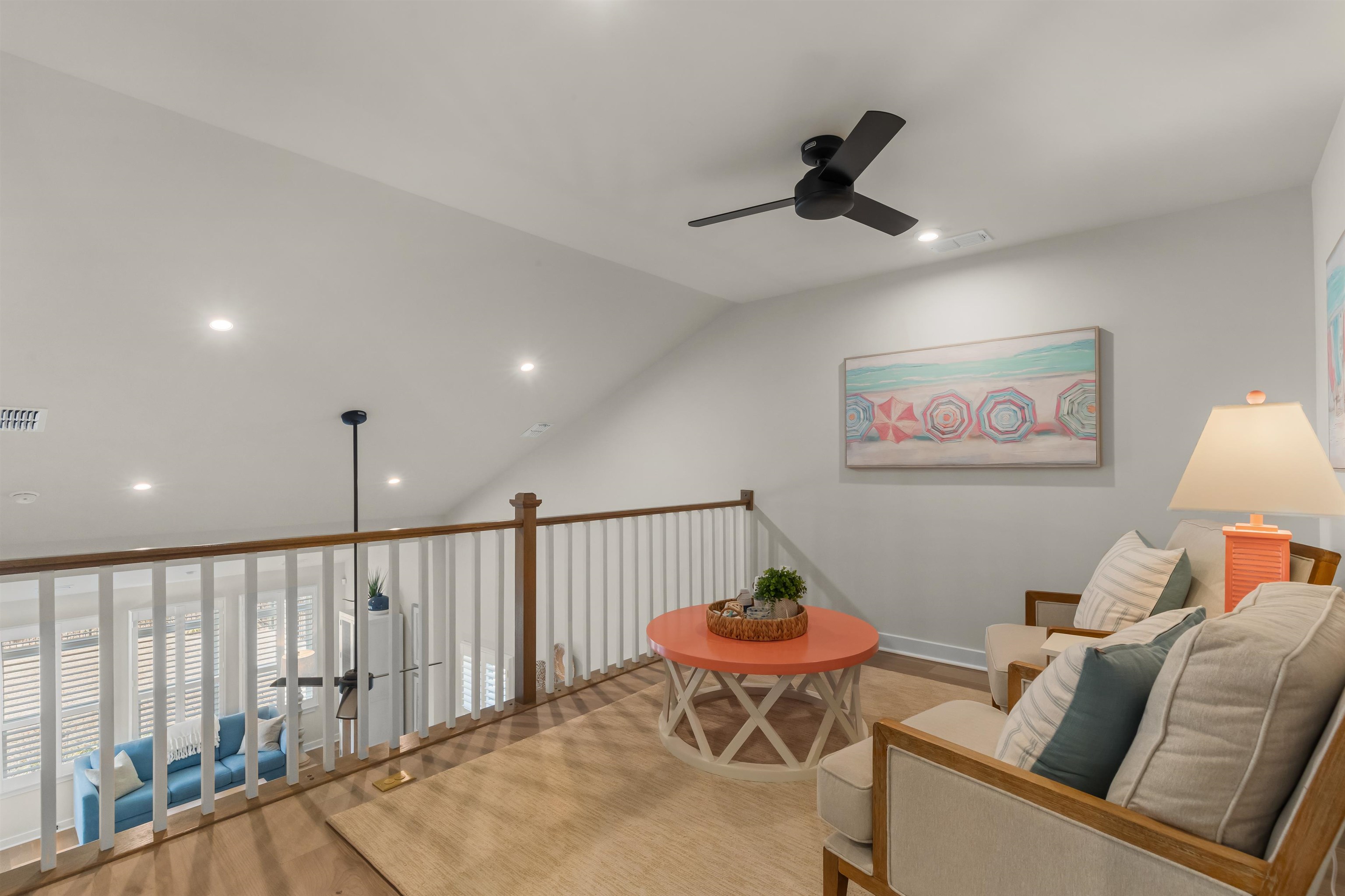 2519 Elowen Lane, Unit 9B Longs, SC 29568 - Photo 18 of 40 Sitting room featuring a ceiling fan, recessed lighting, light wood-style floors, and lofted ceiling
