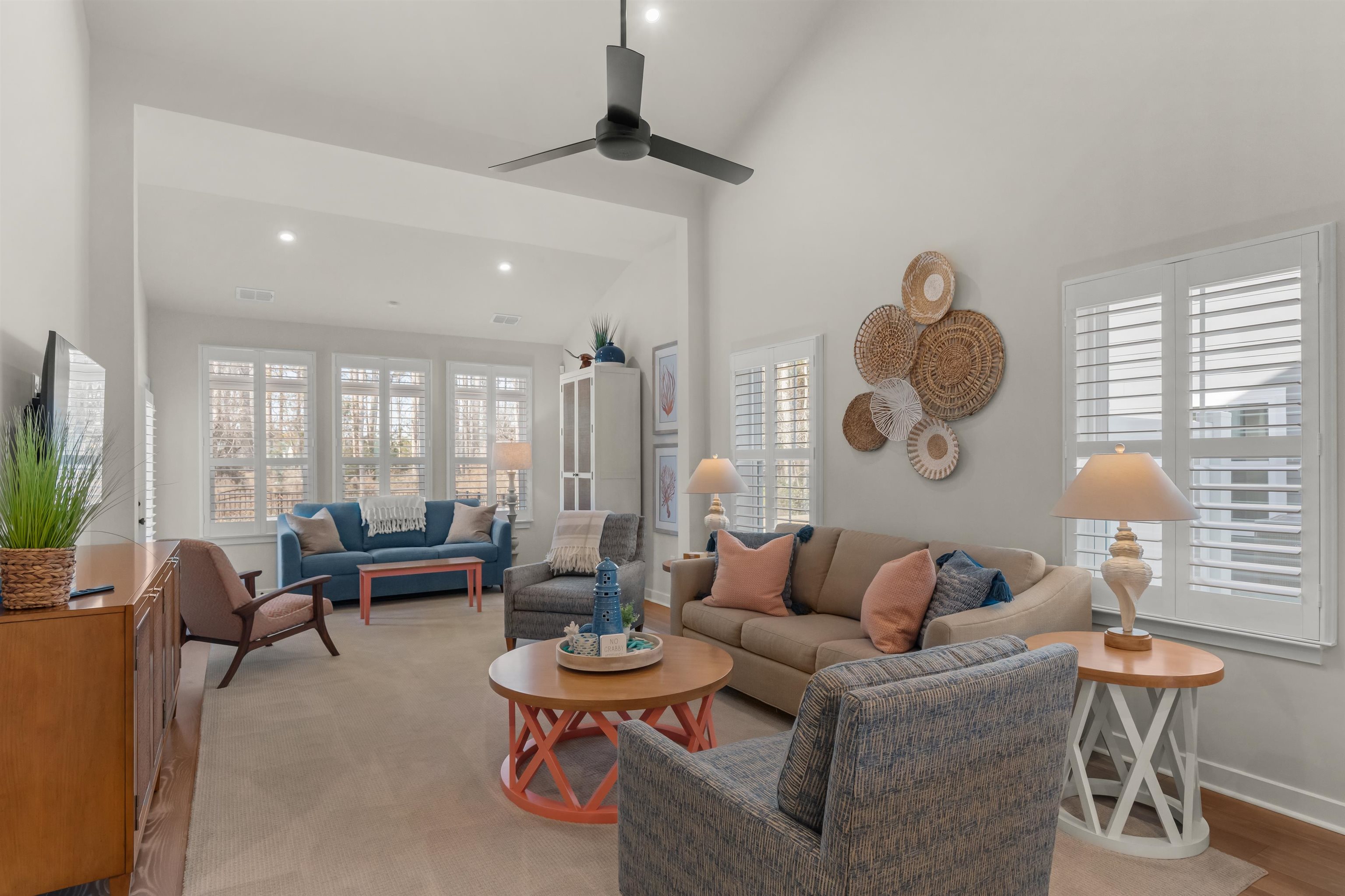 2519 Elowen Lane, Unit 9B Longs, SC 29568 - Photo 7 of 40 Living room with recessed lighting, high vaulted ceiling, and a ceiling fan