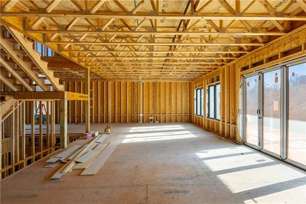 a view of a room with a large window