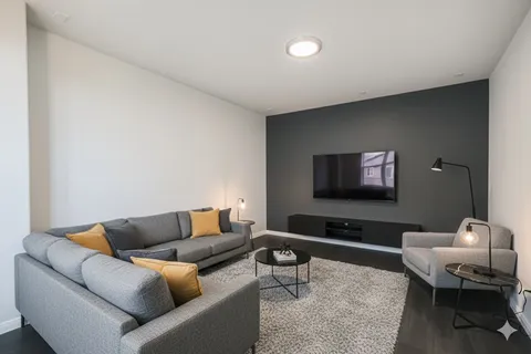 a living room with furniture and a rug