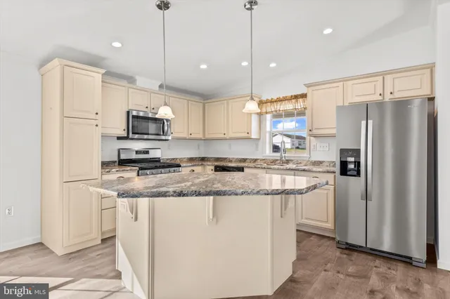 a kitchen with stainless steel appliances granite countertop a refrigerator a stove a sink and a refrigerator