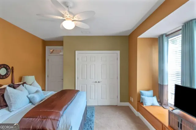 a view of a street with plants and large trees