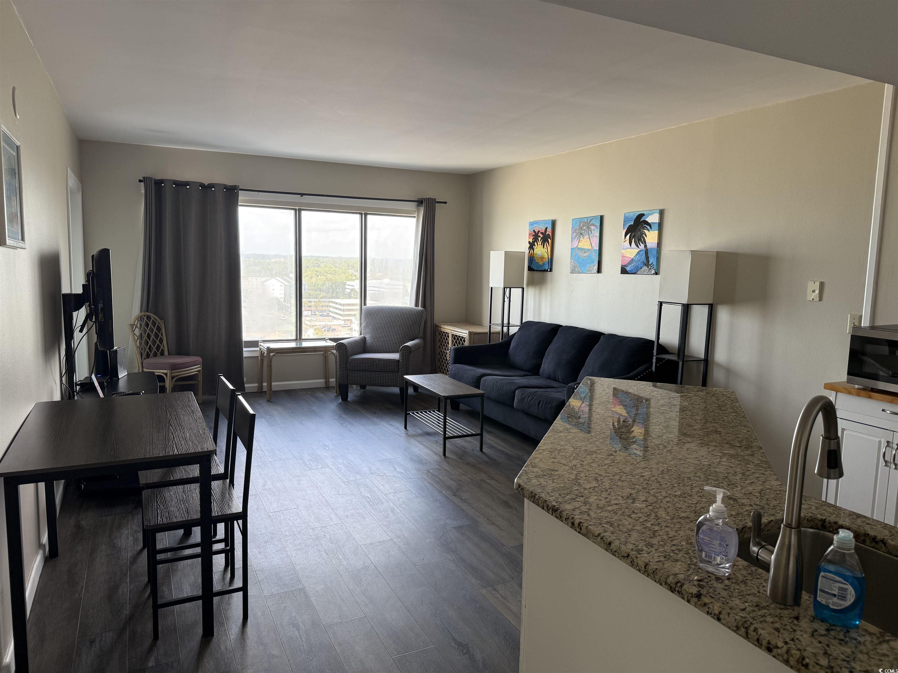 1605 South Ocean Boulevard, Unit 1211 Myrtle Beach, SC 29577 - Photo 12 of 22 Living room featuring dark wood-style floors and baseboards