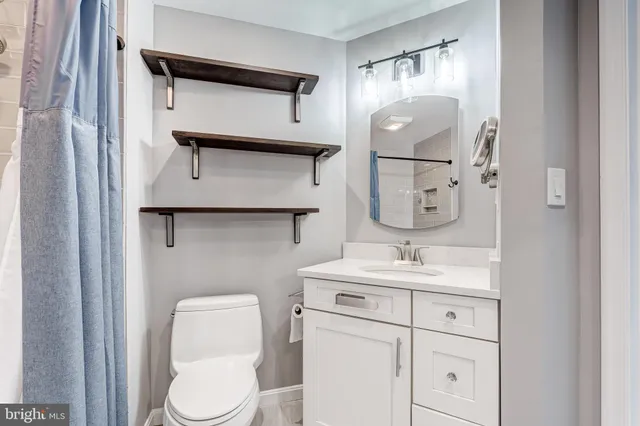 a bathroom with a toilet sink vanity and mirror