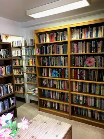 a living room with furniture and a book shelf