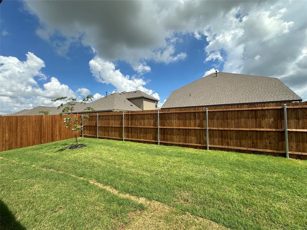 5231 Meadow Lane Krum, TX 76249 - Photo 17 of 17 Expansive backyard featuring a manicured lawn, a newly planted tree with mulch, and a wood privacy fence with metal posts