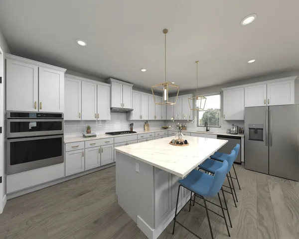 a kitchen with a center island white cabinets and stainless steel appliances
