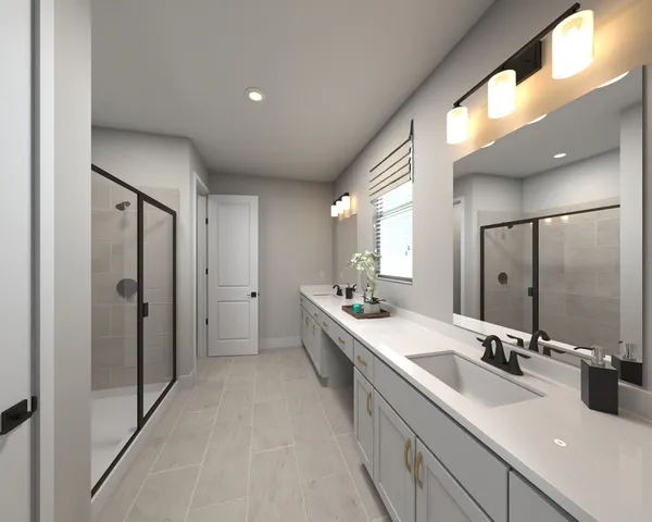 a bathroom with a double vanity sink mirror and shower