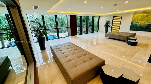 a living room with large window