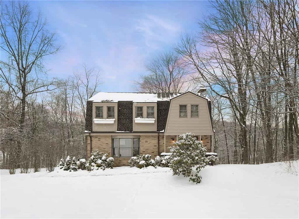 a front view of a house with a yard covered in snow