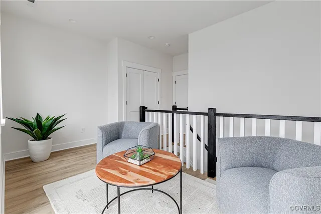a living room with furniture and a potted plant