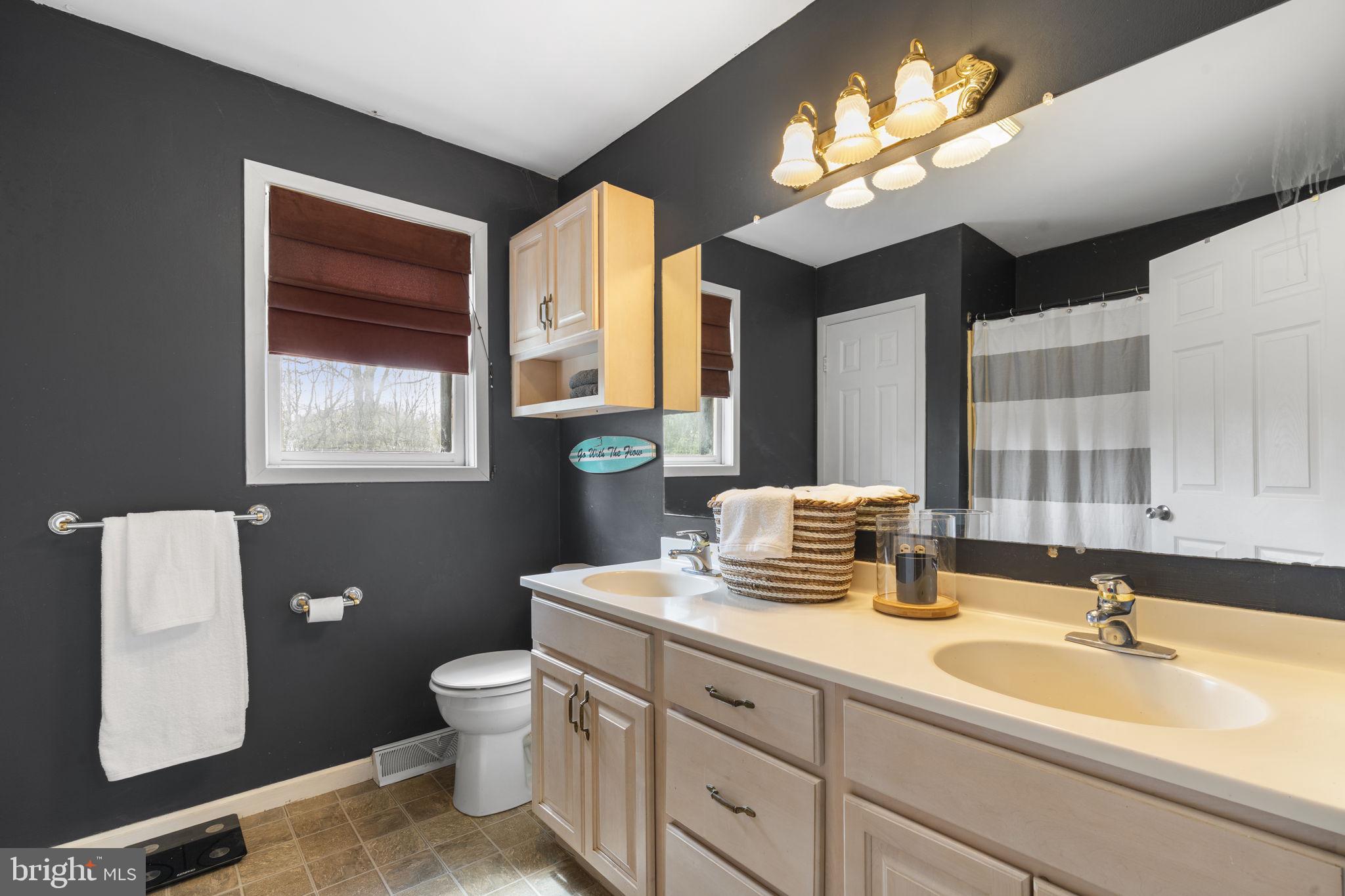 1017 Scholl Road Pottstown, PA 19465 - Photo 37 of 56 a bathroom with a double vanity sink toilet and a mirror