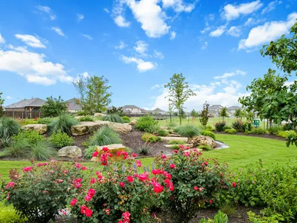 a view of a flower in a yard with fountain in front of main door