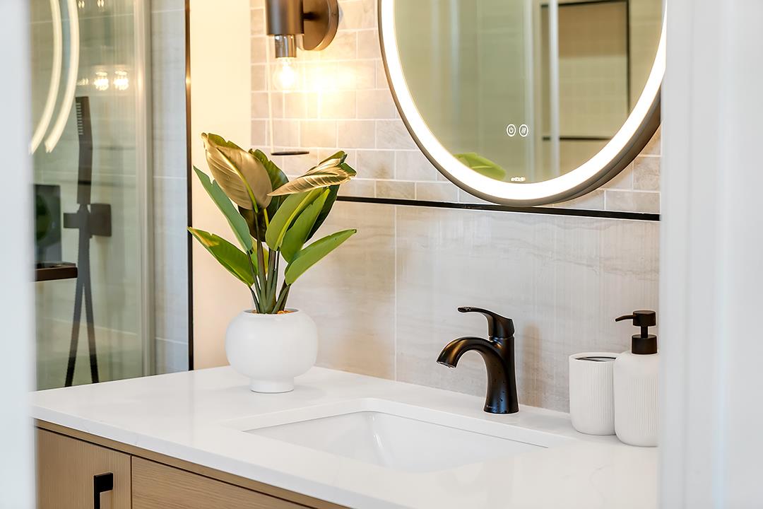 527 Maple Avenue Milpitas, CA 95035 - Photo 17 of 30 a bathroom with a sink a mirror and a potted plant