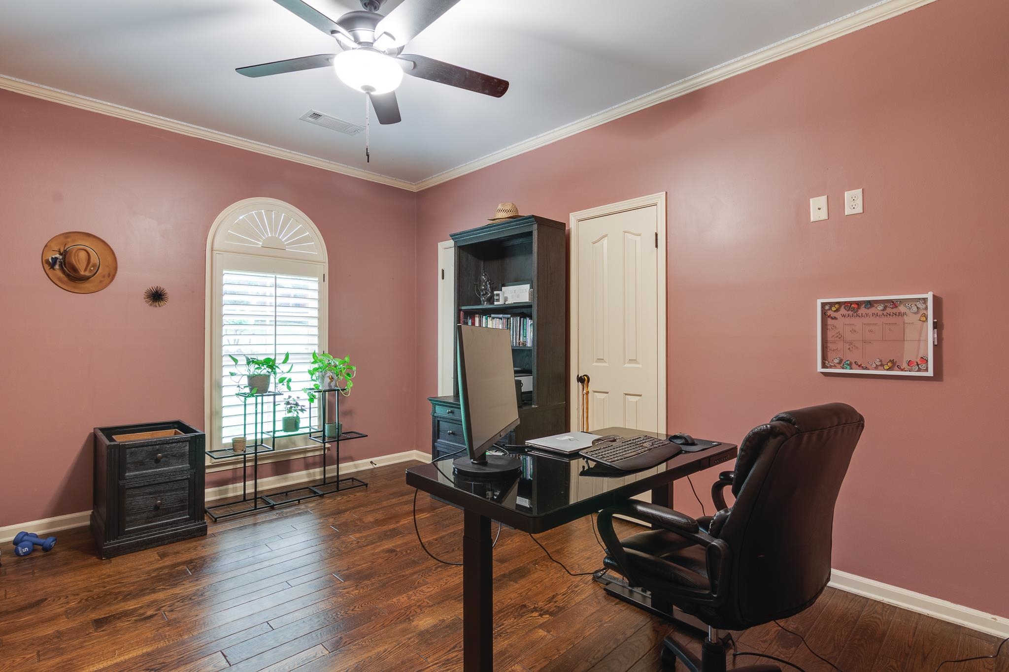 791 North Tree Drive Collierville, TN 38017 - Photo 19 of 27 Arched window with plantation shutters, wood-finish flooring, crown molding, ceiling fan with light fixture, and a paneled interior door