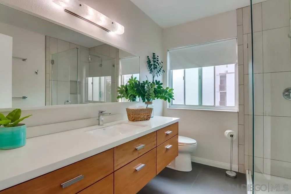2701 2nd Avenue, Unit 201 San Diego, CA 92103 - Photo 32 of 39 a spacious bathroom with a granite countertop sink a mirror and a potted plant