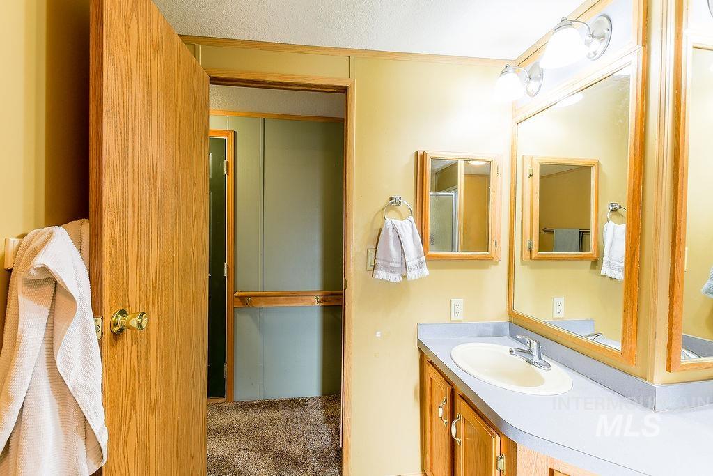 4325 Lenville Road, Unit 34 Moscow, ID 83843 - Photo 23 of 39 Bathroom with vanity, carpet floors, and a textured ceiling