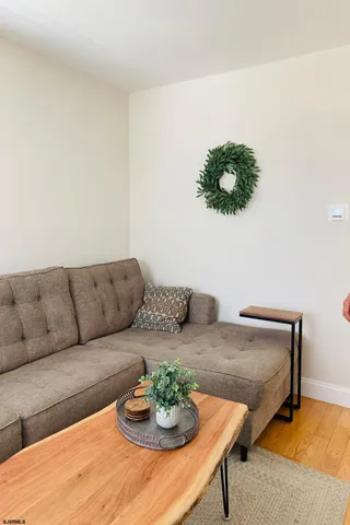 a living room with furniture and a potted plant