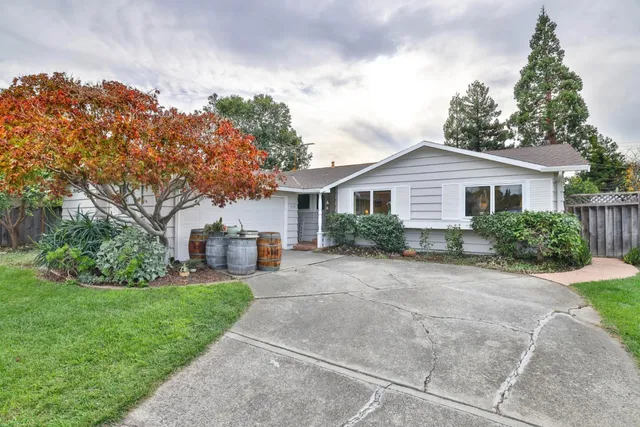 a view of a house with a yard and potted plants