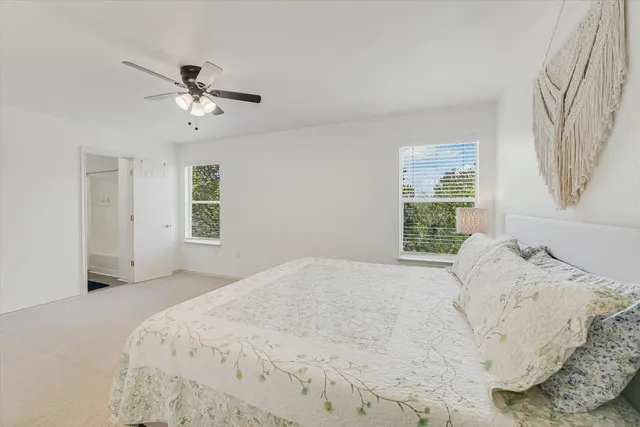 a bedroom with a large bed and a window