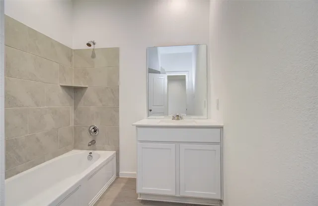 a bathroom with a tub sink and mirror