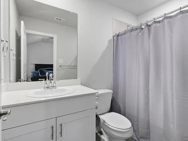a bathroom with a sink a toilet a mirror and shower curtain