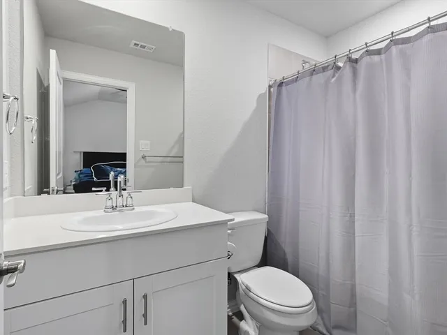 a bathroom with a sink a toilet a mirror and shower curtain